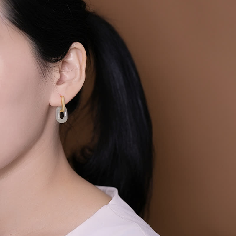 Pendientes de bendición de la felicidad de jade blanco redondo de plata de ley 925 con Buddha Stones