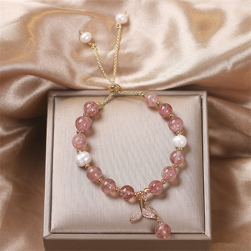 Pulsera curativa con dije de cola de pez de cuarzo rutilado de cuarzo fresa con Buddha Stones