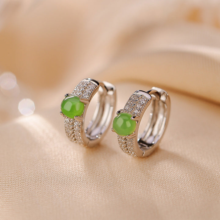 Pendientes de botón de éxito de jade cian redondos de plata de ley 925 con Buddha Stones