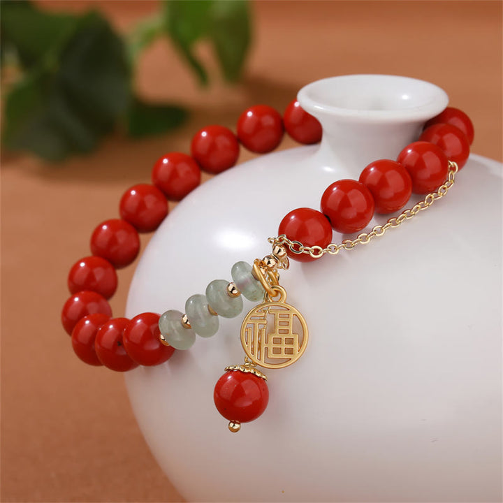 Pulsera Calma De Jade Con Carácter Fu Auspicioso Cinabrio De Buddha Stones