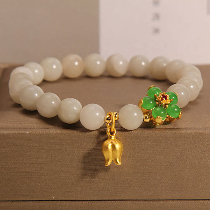 Pulsera de la suerte con Buddha Stones, jade natural, flor verde, lirio de los valles