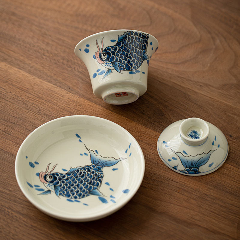 Buddha Stones Koi Arowana cerámica Gaiwan Sancai taza de té Kung Fu con tapa 130ml