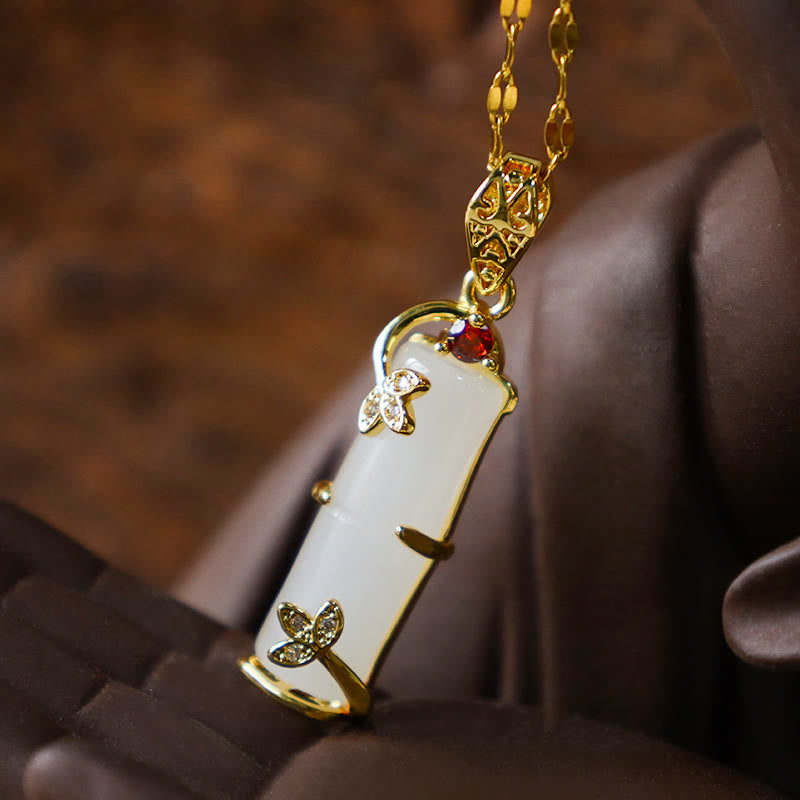 Colgante de collar de protección de la suerte de bambú con Buddha Stones, Jade blanco, cian, Jade