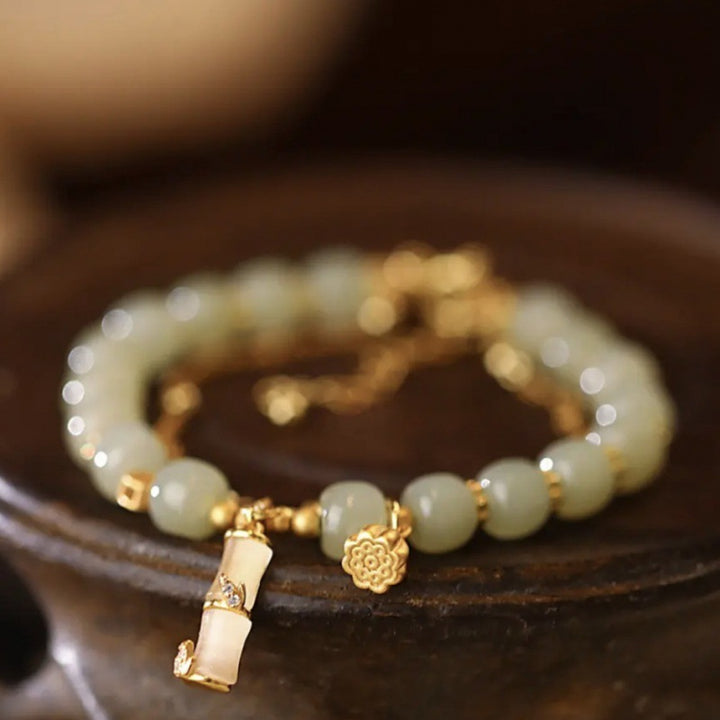 Pulsera con dijes de bambú y loto de prosperidad, jade hetiano natural, Buddha Stones