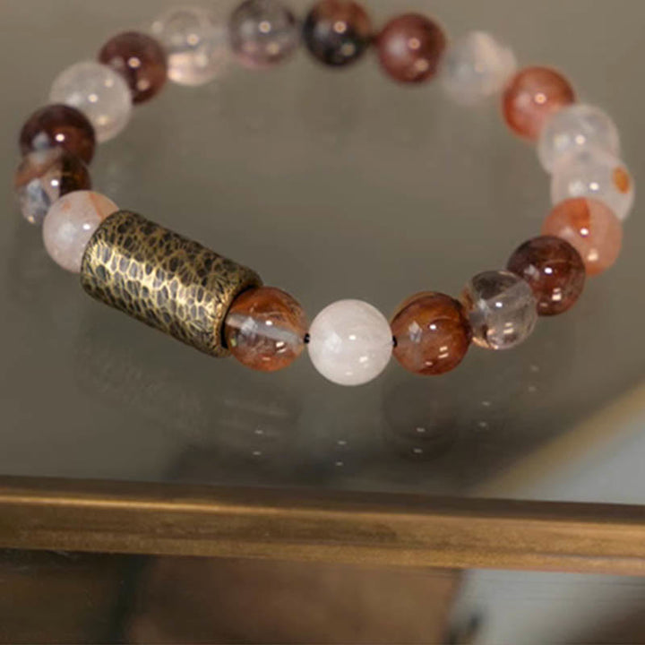 Buddha Stones Cristal blanco Cuarzo hematoide rojo Cuarzo rutilado dorado Pulsera de protección fantasma púrpura