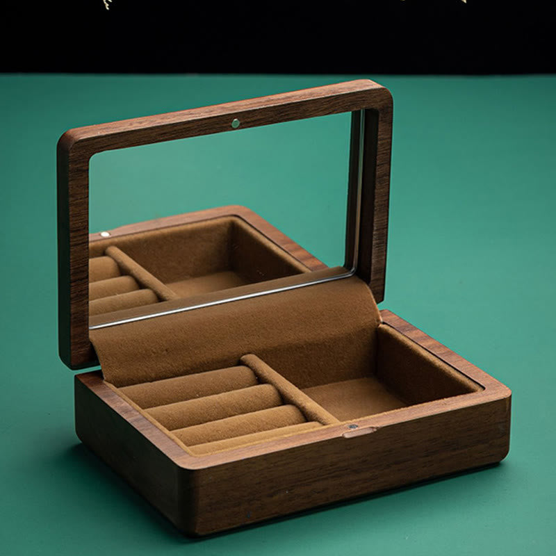 Caja de almacenamiento de joyería vintage hecha a mano de madera de nogal negro con espejo