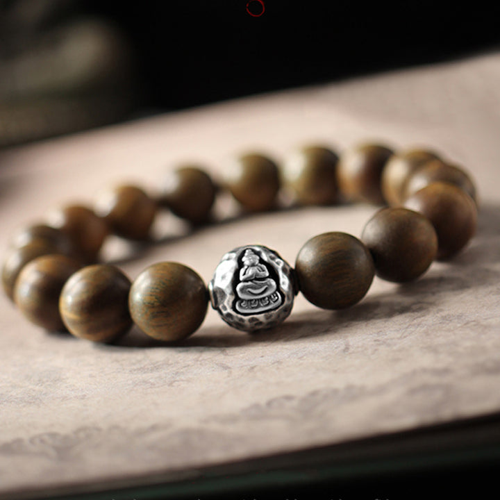 Pulsera de curación de Buda de sándalo rojo de hoja pequeña de sándalo verde de plata de ley 999 con Buddha Stones de Buda - Sándalo Verde (Cura♥Positivo) - 10mm - image 0