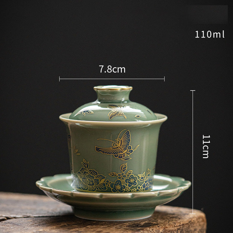 Buddha Stones de porcelana verde, mariposa, flor, salmón, pescado, cerámica, Gaiwan Sancai, taza de té de Kung Fu y platillo con tapa - Taza de té Gaiwan con diseño de flor de mariposa (7,8 cm x 11 cm x 110 ml) - image 1