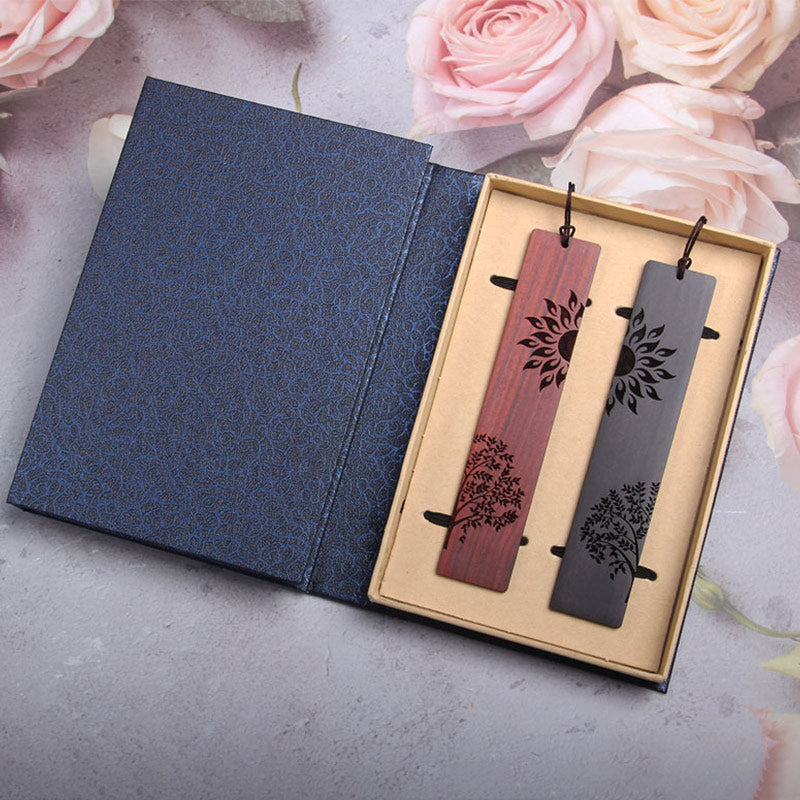 Marcadores de libros de sándalo rojo de hoja pequeña de madera de ébano con árbol solar y Buddha Stones con caja de regalo