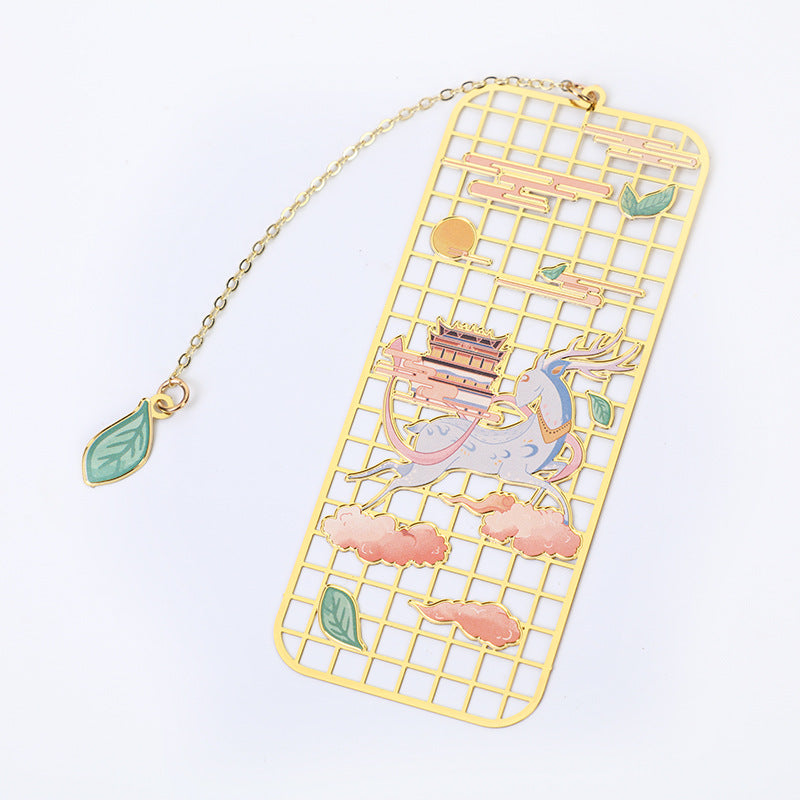 Marcapáginas hueco de metal y latón con diseño de Buddha Stones, alce, pez koi, grulla y zorro de nueve colas