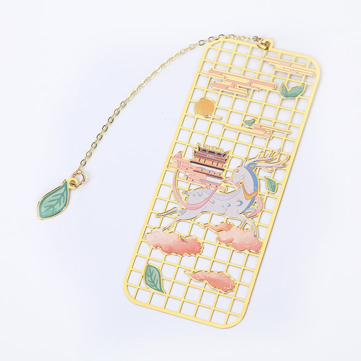 Marcapáginas hueco de metal y latón con diseño de Buddha Stones, alce, pez koi, grulla y zorro de nueve colas