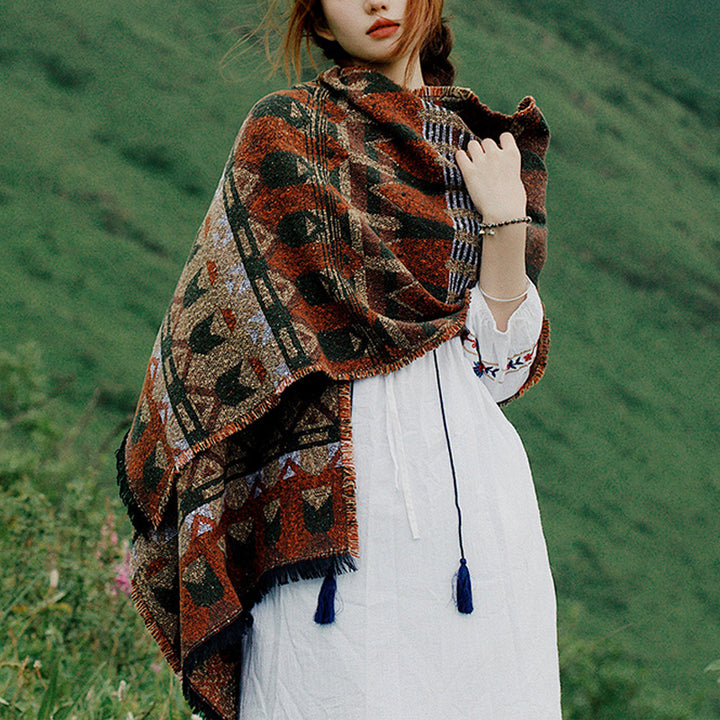 Mantón tibetano de Buddha Stones , patrón de geometría clásico, bufanda de viaje acogedora para invierno - Marrón 210*65 cm - image 0