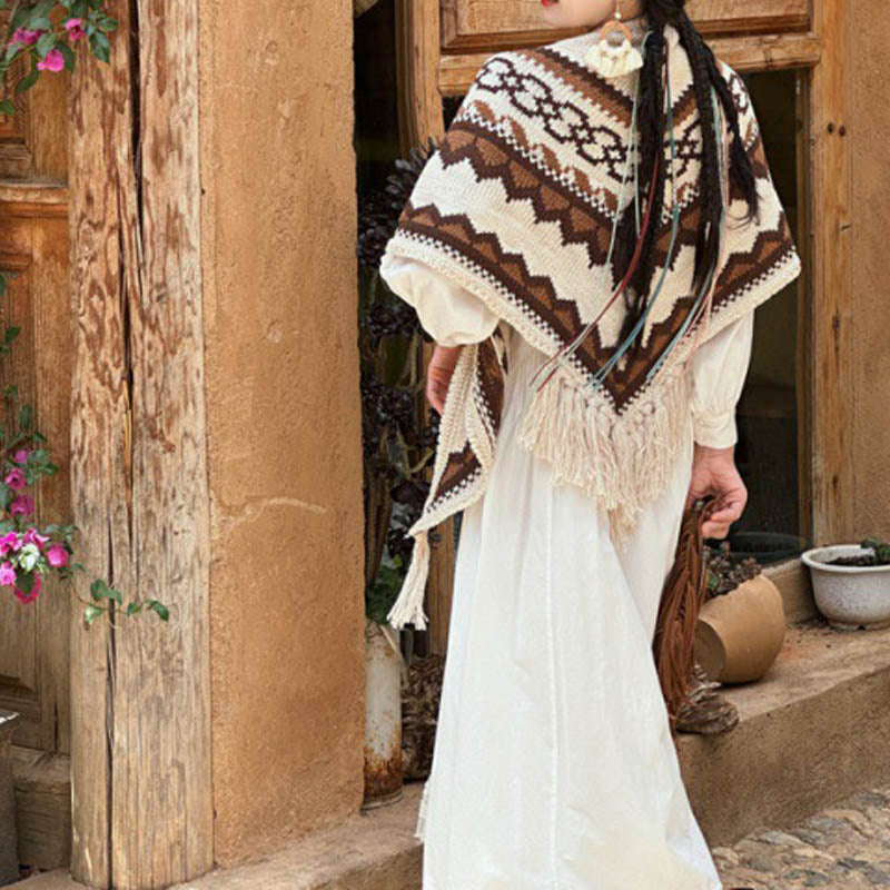 Buddha Stones Tibetano Rayas Marrón Beige Borla Mantón Invierno Acogedor Viaje Bufanda Abrigo - 185*65 cm - image 0