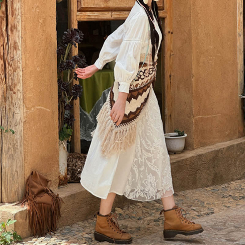 Buddha Stones Tibetano Rayas Marrón Beige Borla Mantón Invierno Acogedor Viaje Bufanda Abrigo - image 6