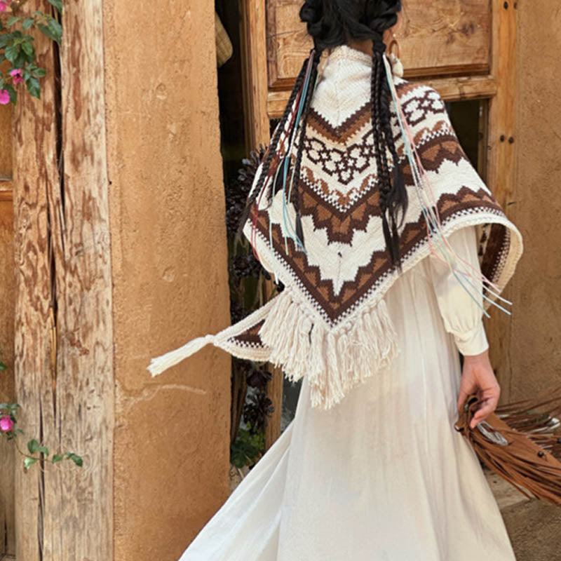 Buddha Stones Tibetano Rayas Marrón Beige Borla Mantón Invierno Acogedor Viaje Bufanda Abrigo - image 4