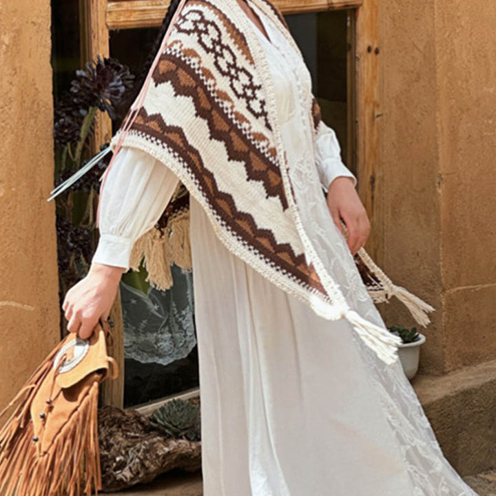 Buddha Stones Tibetano Rayas Marrón Beige Borla Mantón Invierno Acogedor Viaje Bufanda Abrigo - image 2