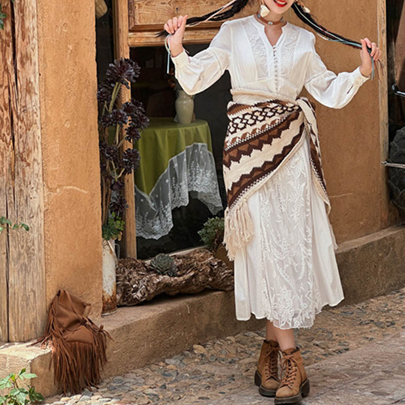 Buddha Stones Tibetano Rayas Marrón Beige Borla Mantón Invierno Acogedor Viaje Bufanda Abrigo - image 7