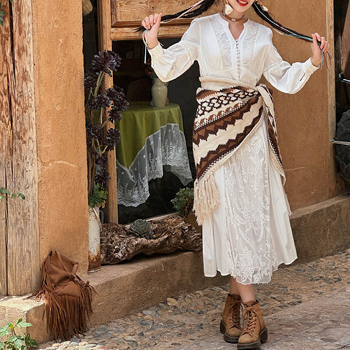 Buddha Stones Tibetano Rayas Marrón Beige Borla Mantón Invierno Acogedor Viaje Bufanda Abrigo - image 7