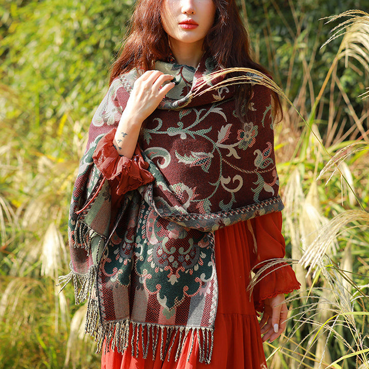 Buddha Stones flores tibetanas hojas rama diseño borla chal acogedor viaje bufanda abrigo - Rojo oscuro - image 0