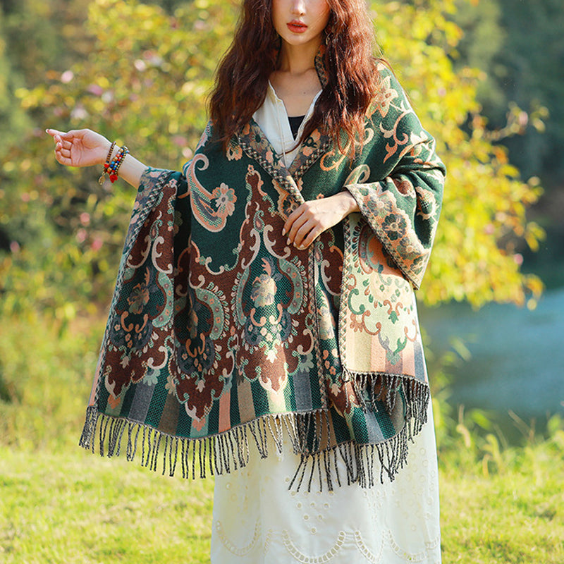 Buddha Stones flores tibetanas hojas rama diseño borla chal acogedor viaje bufanda abrigo - Verde oscuro - image 21