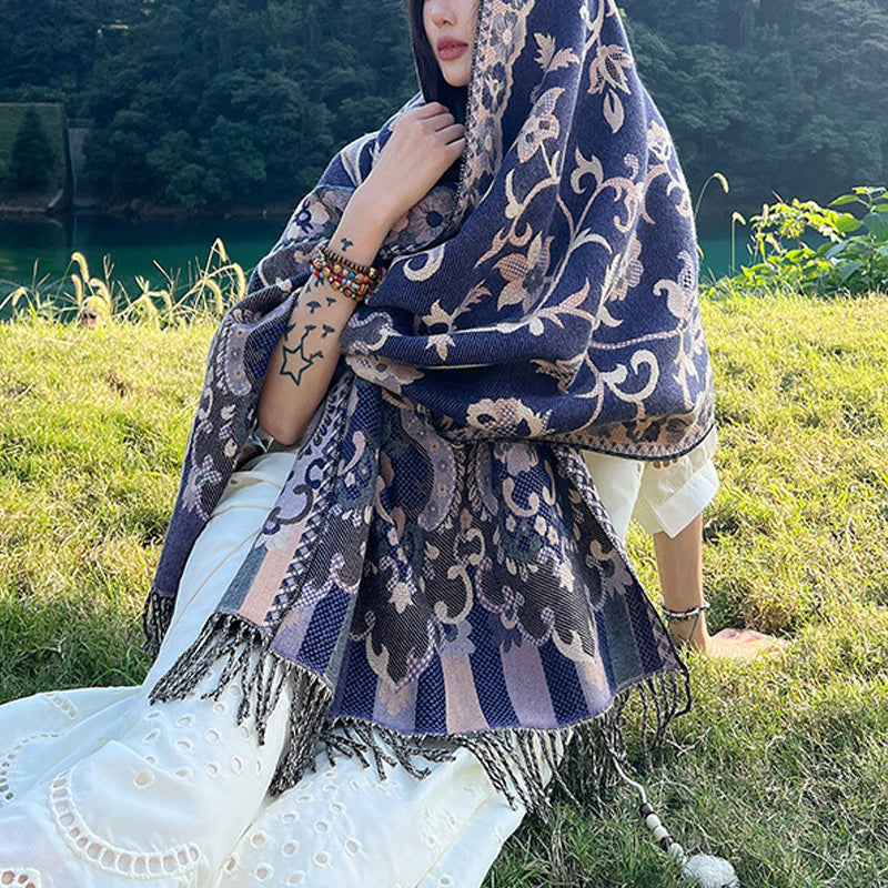 Buddha Stones flores tibetanas hojas rama diseño borla chal acogedor viaje bufanda abrigo - Azul marino - image 31