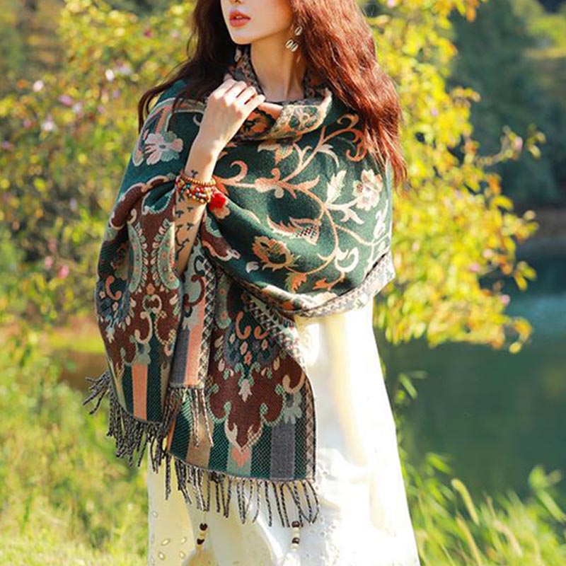 Buddha Stones flores tibetanas hojas rama diseño borla chal acogedor viaje bufanda abrigo - image 27