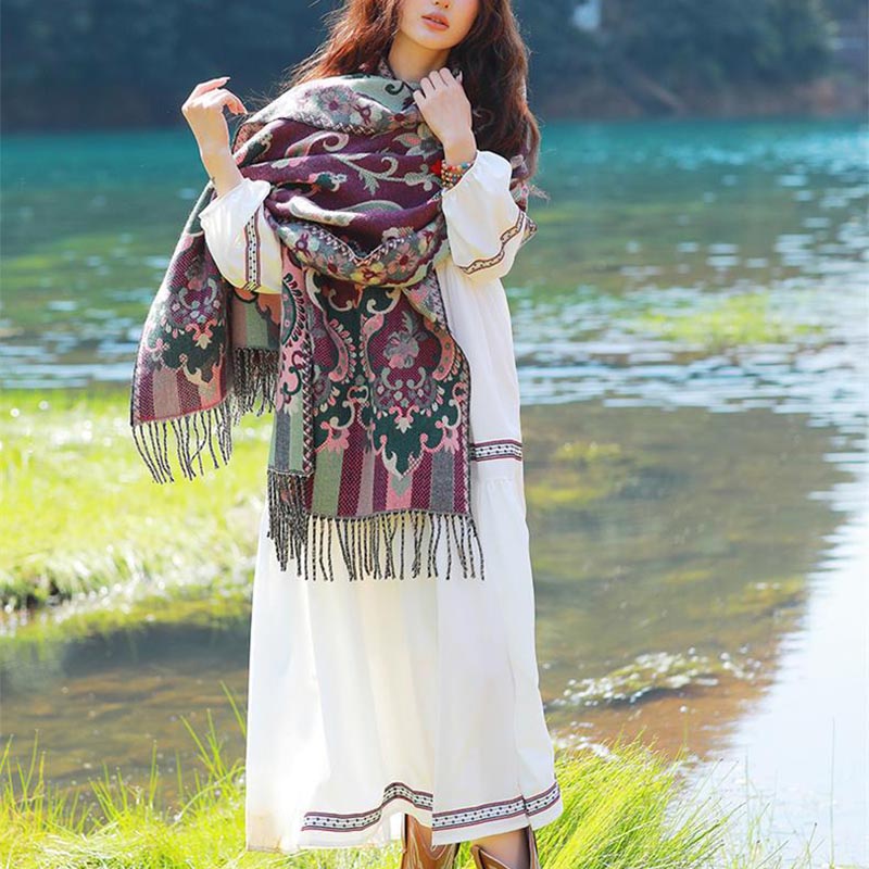 Buddha Stones flores tibetanas hojas rama diseño borla chal acogedor viaje bufanda abrigo - image 17