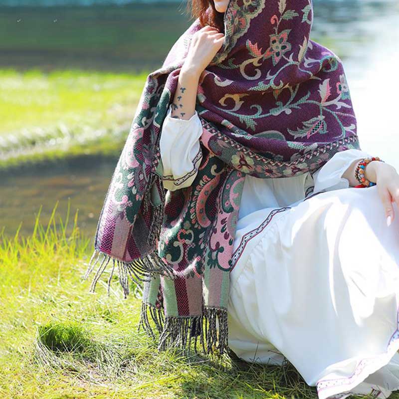 Buddha Stones flores tibetanas hojas rama diseño borla chal acogedor viaje bufanda abrigo - image 14