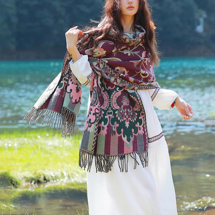 Buddha Stones flores tibetanas hojas rama diseño borla chal acogedor viaje bufanda abrigo - image 11