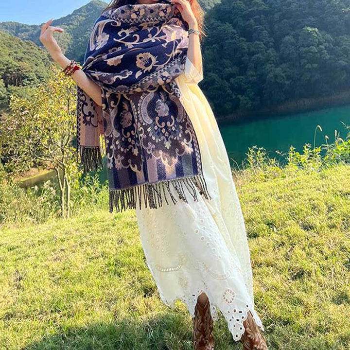 Buddha Stones flores tibetanas hojas rama diseño borla chal acogedor viaje bufanda abrigo - image 34