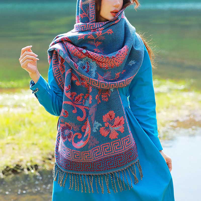 Bufanda de viaje acogedora con diseño de hojas de flores tibetanas de Buddha Stones - Azul - image 9