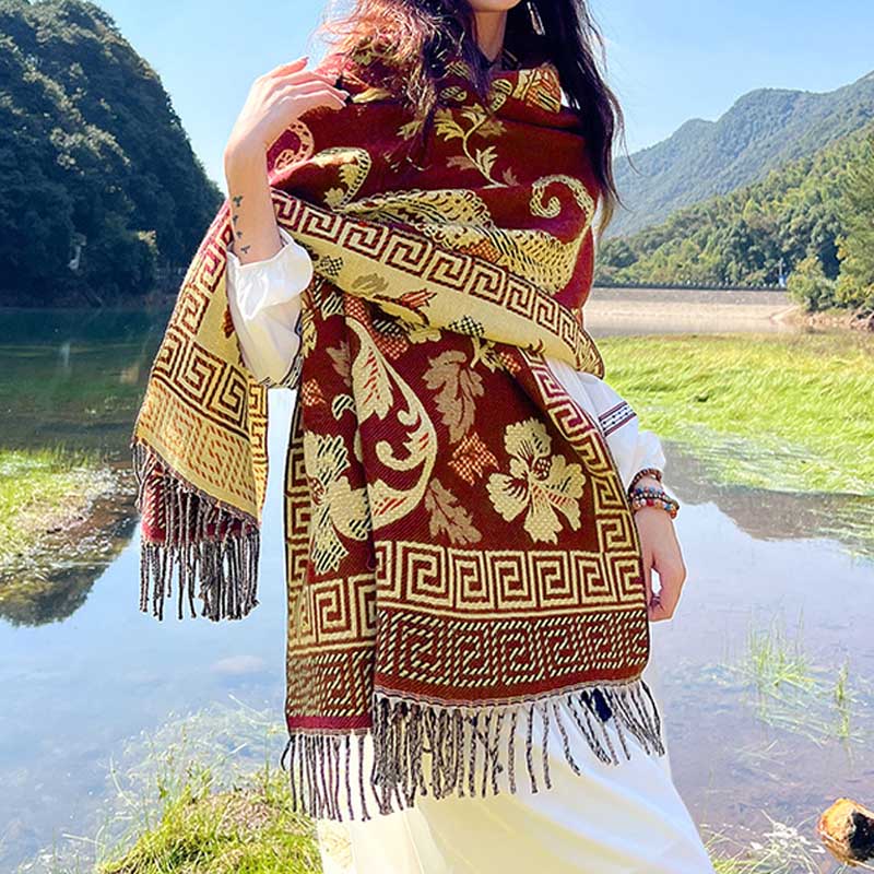 Bufanda de viaje acogedora con diseño de hojas de flores tibetanas de Buddha Stones - Rojo Beige - image 30