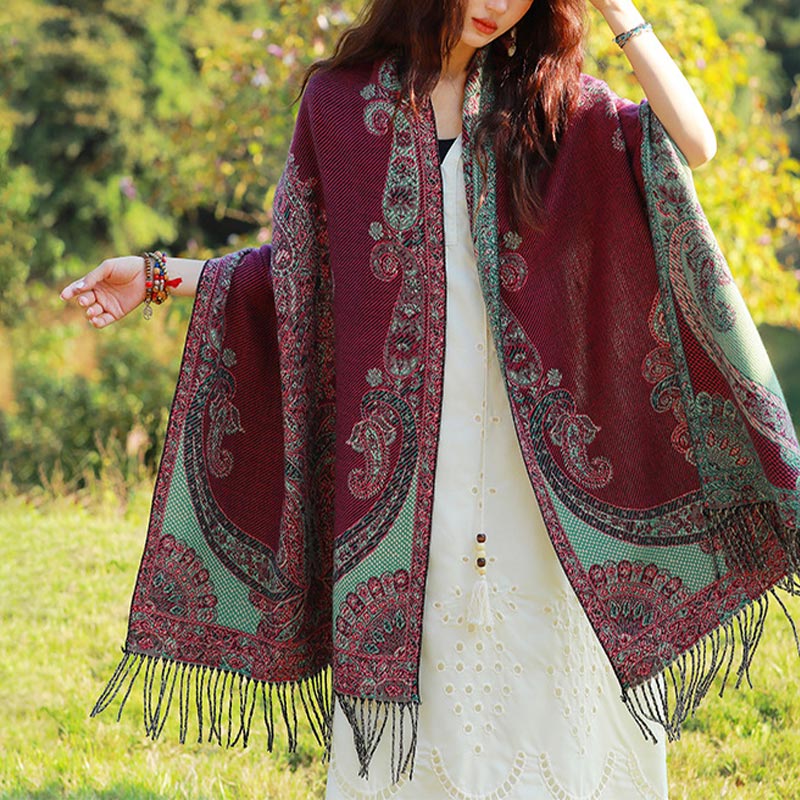 Bufanda de viaje acogedora con diseño de hojas de vid tibetanas de Buddha Stones - Rojo Verde - image 13