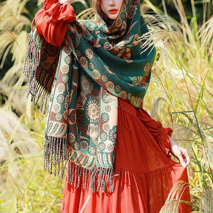 Bufanda de viaje acogedora con diseño de hojas florales y flores tibetanas de Buddha Stones - Verde - image 20