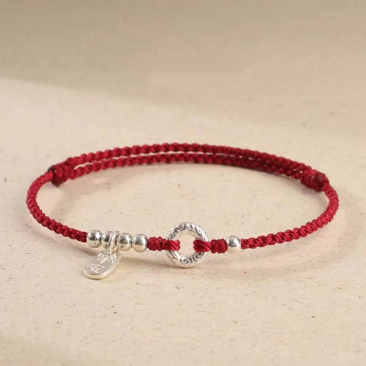 Tobillera con pulsera de sonido y seguridad con hebilla de paz y nubes propicias de Plata de Ley 925 con Buddha Stones - Rojo oscuro - Tobillera (circunferencia 16-26cm) - image 0