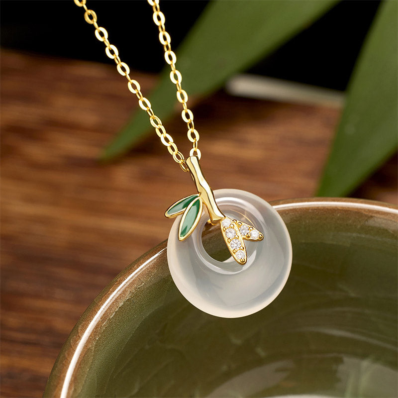 Colgante positivo del collar de la hebilla de la paz de la hoja de bambú de la calcedonia natural de la plata esterlina de las Buddha Stones - image 2