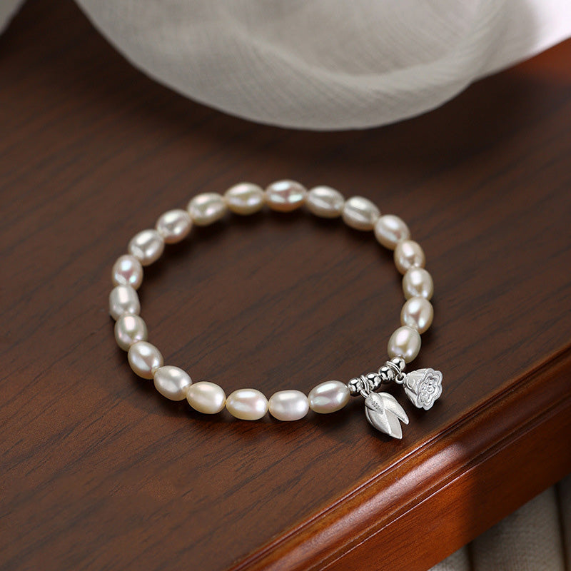 Pulsera curativa de perlas naturales con vaina de flor de loto de plata de ley 999 con Buddha Stones - 14-16 cm - image 0