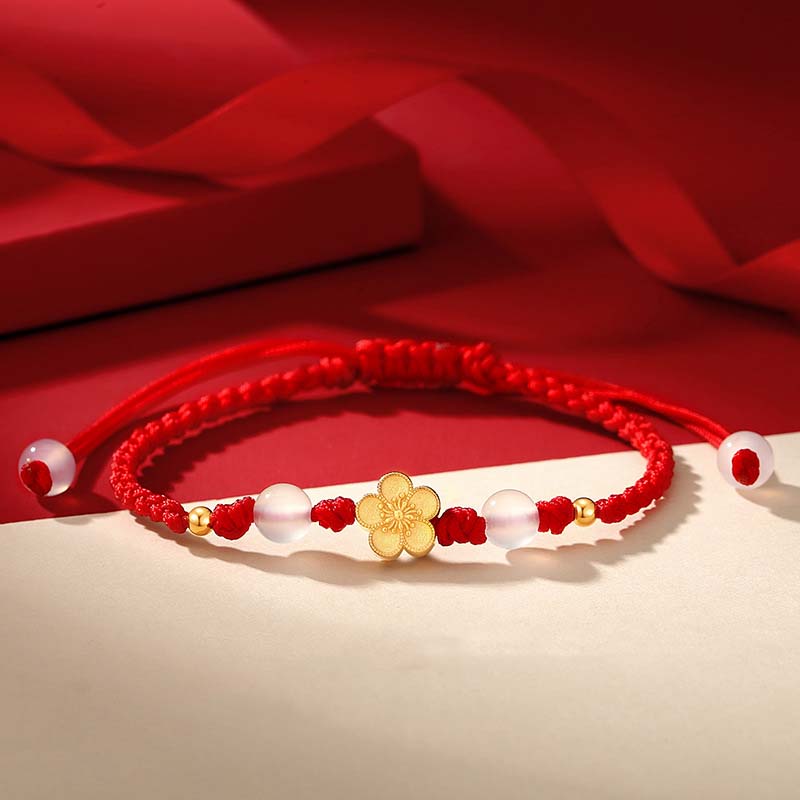 Pulsera de cuerda roja de la suerte con cuentas de calcedonia de cerezo y flor de melocotón de Plata de Ley 925 hecha a mano con Buddha Stones - 14-21 cm - image 0