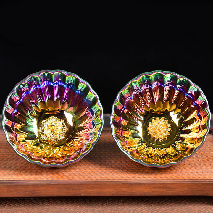 Taza de té de cerámica china Jianzhan multicolor con incrustaciones de pavo real y Buddha Stones, taza de té de kung fu