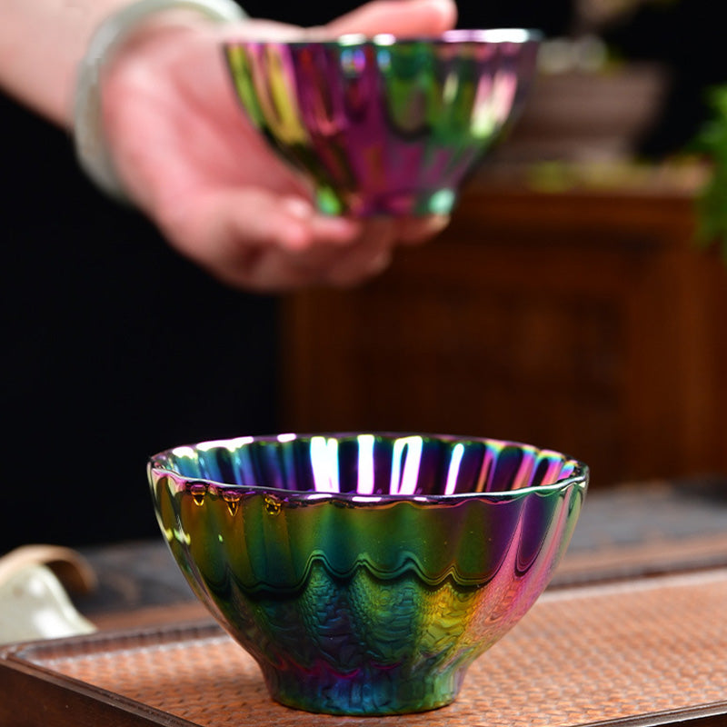 Taza de té de cerámica china Jianzhan multicolor con incrustaciones de pavo real y Buddha Stones, taza de té de kung fu