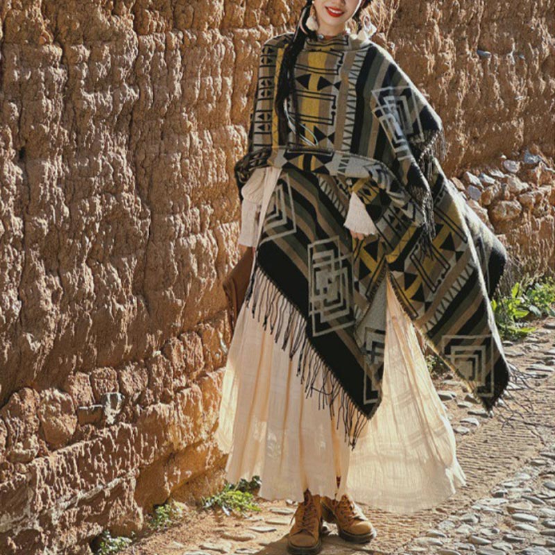 Buddha Stones chal tibetano patrón geométrico a rayas invierno acogedor viaje borla bufanda abrigo - Marrón grisáceo 130 x 150 cm - image 6