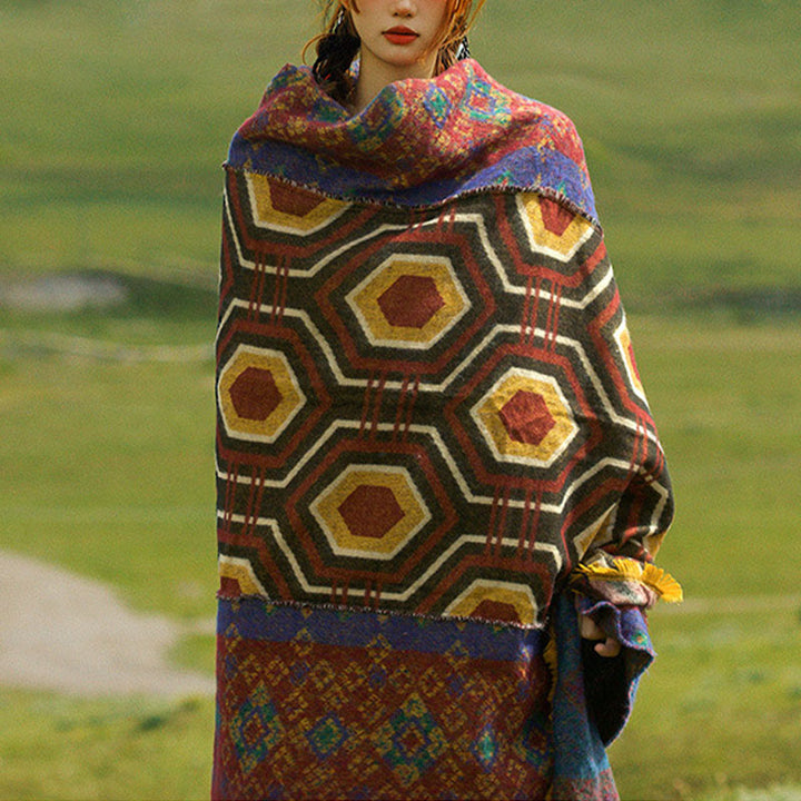 Mantón tibetano de Buddha Stones, patrón de formas geométricas, marrón, azul y rojo, bufanda de viaje acogedora para invierno - image 10