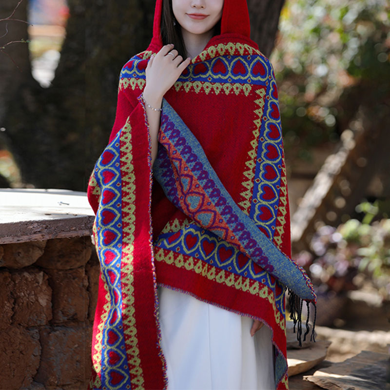 Mantón tibetano de Buddha Stones , capa con capucha y borla de corazón de amor rojo, bufanda de viaje acogedora para invierno - image 1