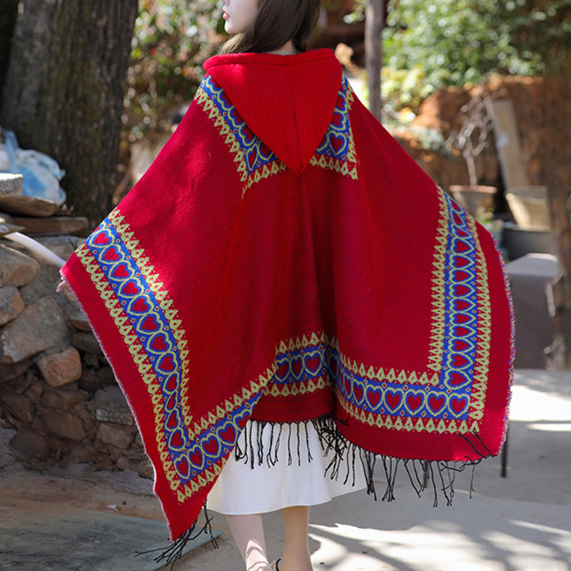 Mantón tibetano de Buddha Stones , capa con capucha y borla de corazón de amor rojo, bufanda de viaje acogedora para invierno - image 4