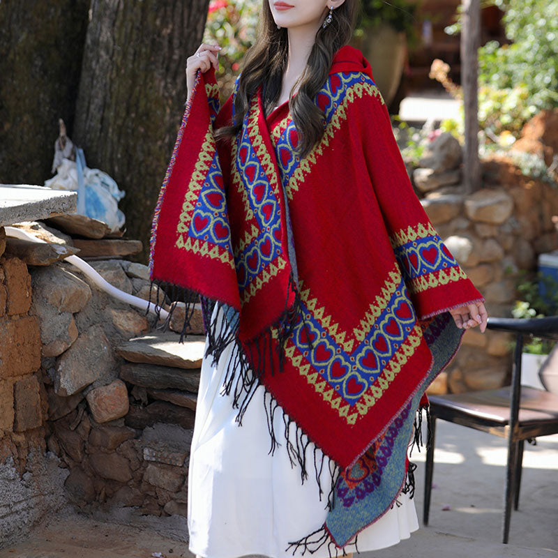 Mantón tibetano de Buddha Stones , capa con capucha y borla de corazón de amor rojo, bufanda de viaje acogedora para invierno - image 5