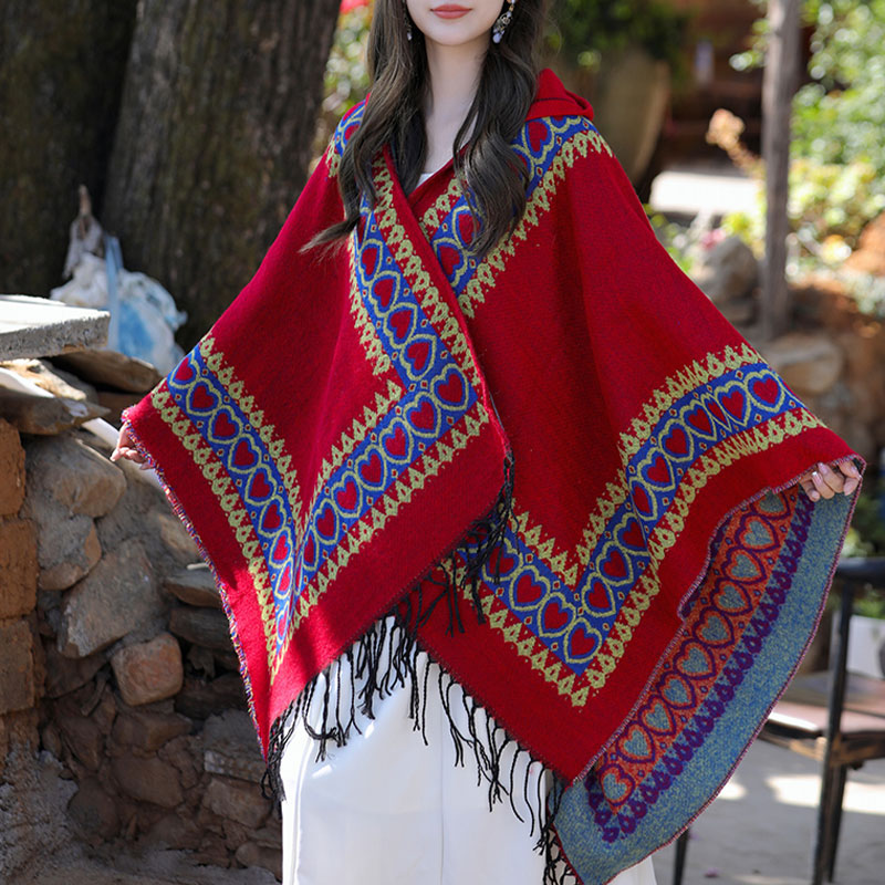 Mantón tibetano de Buddha Stones , capa con capucha y borla de corazón de amor rojo, bufanda de viaje acogedora para invierno - image 9