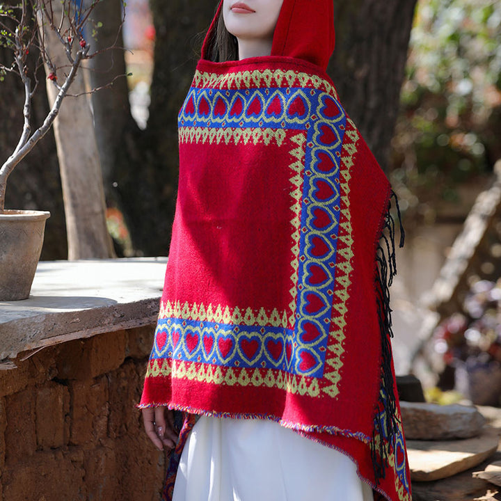 Mantón tibetano de Buddha Stones , capa con capucha y borla de corazón de amor rojo, bufanda de viaje acogedora para invierno - image 8