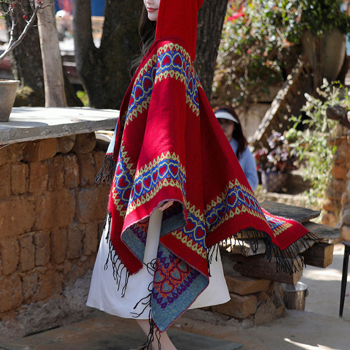 Mantón tibetano de Buddha Stones , capa con capucha y borla de corazón de amor rojo, bufanda de viaje acogedora para invierno - image 11