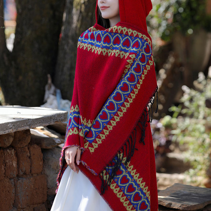 Mantón tibetano de Buddha Stones , capa con capucha y borla de corazón de amor rojo, bufanda de viaje acogedora para invierno - image 12