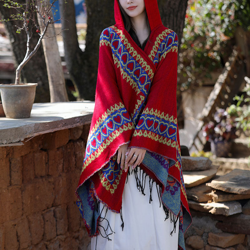 Mantón tibetano de Buddha Stones , capa con capucha y borla de corazón de amor rojo, bufanda de viaje acogedora para invierno - image 13